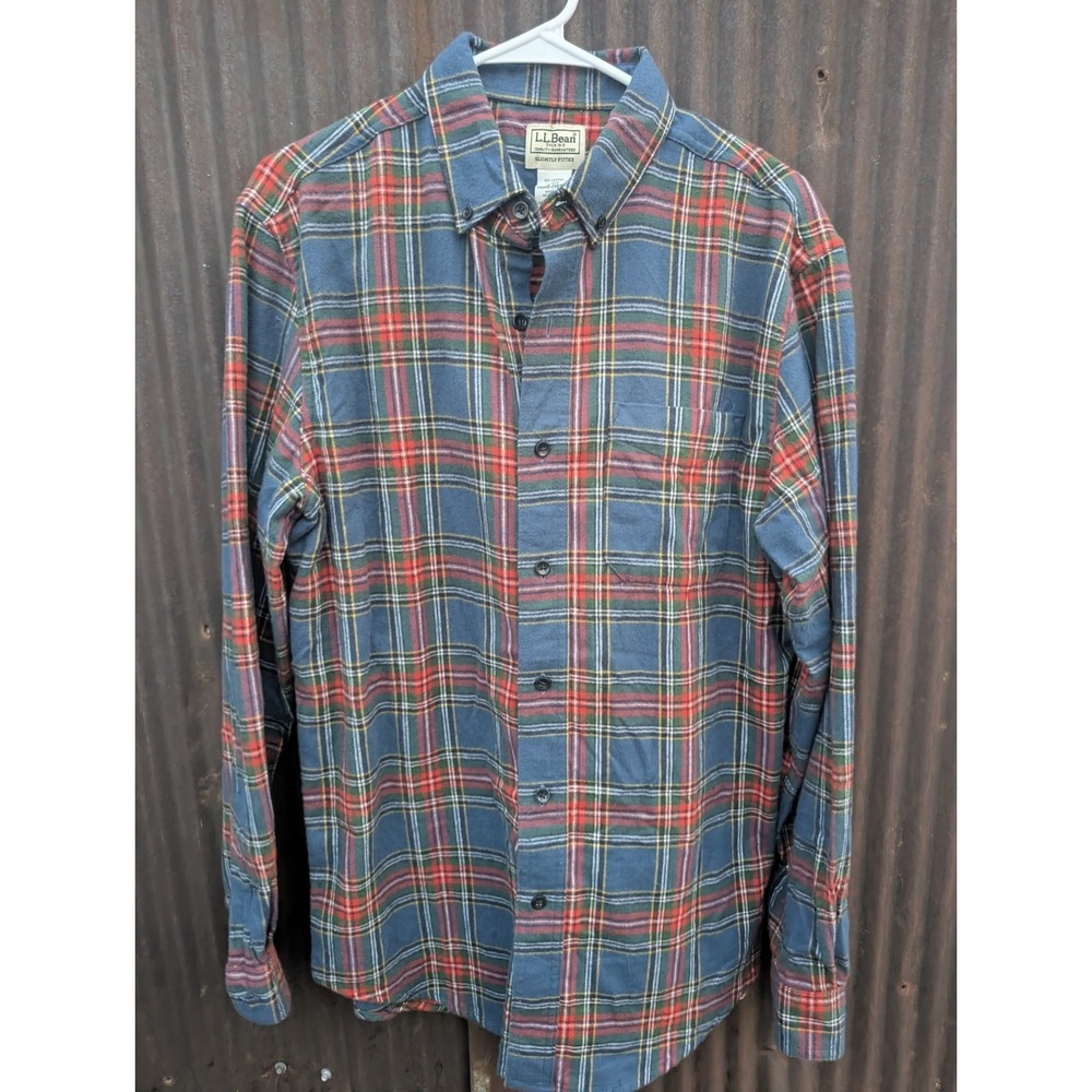LL Bean Button Up Flannel Shirt Men Medium Blue Plaid Cotton Classic Outdoor Dad